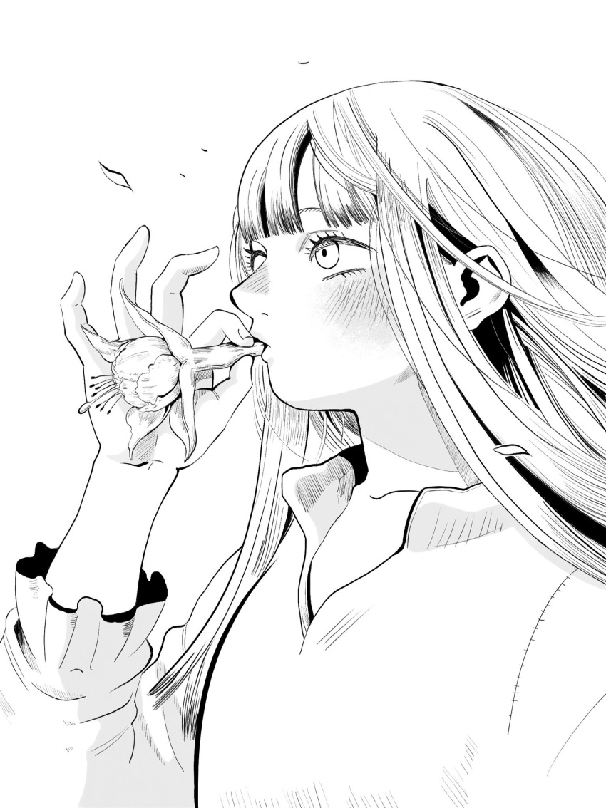 1girl aged_down bangs blunt_bangs blush derivative_work dungeon_meshi eating_flower falin_thorden flower from_side greyscale hand_up highres holding holding_flower long_hair long_sleeves looking_away manga_panel_redraw mixed-language_commentary monochrome osakeniku petals simple_background solo upper_body wind
