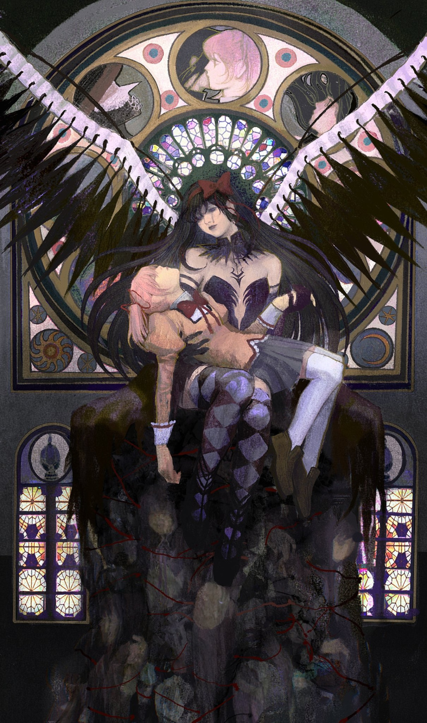 2girls akemi_homura akuma_homura argyle argyle_legwear bangs bare_shoulders black_collar black_gloves black_hair black_lips black_wings boots bow bow_hairband bowtie brown_footwear chinese_commentary closed_eyes collar commentary_request crescent elbow_gloves fine_art_parody floating_hair full_body gloves grey_skirt hair_ribbon hairband hand_grab highres jacket juliet_sleeves kaname_madoka loafers long_hair long_sleeves looking_at_another lying lying_on_lap mahou_shoujo_madoka_magica mahou_shoujo_madoka_magica:_hangyaku_no_monogatari miaoyunyun mitakihara_school_uniform mosaic multiple_girls on_back parody pieta pink_hair puffy_sleeves purple_footwear red_bow red_bowtie red_hairband ribbon school_uniform shoes short_hair short_twintails sitting skirt soul_gem star_(symbol) sun_symbol tears thigh-highs thigh_boots twintails unconscious violet_eyes white_thighhighs window wings yellow_jacket