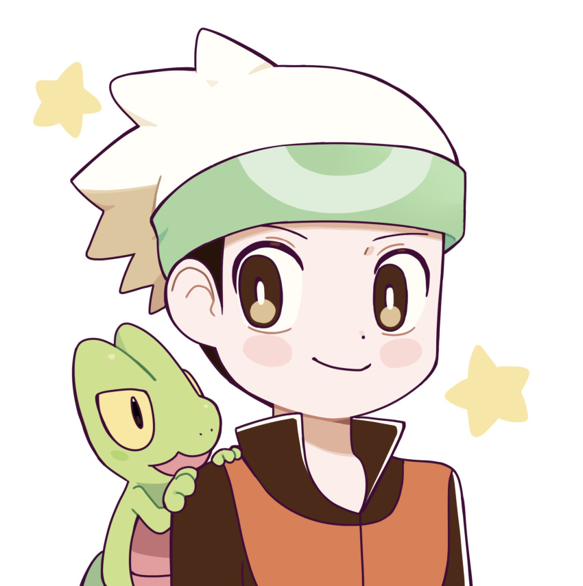 1boy beanie black_hair blush_stickers brendan_(pokemon) bright_pupils brown_eyes chirosamu closed_mouth commentary_request hat highres korean_commentary male_focus on_shoulder pokemon pokemon_(creature) pokemon_(game) pokemon_emerald pokemon_on_shoulder pokemon_rse shirt short_hair smile star_(symbol) treecko upper_body white_background white_headwear white_pupils