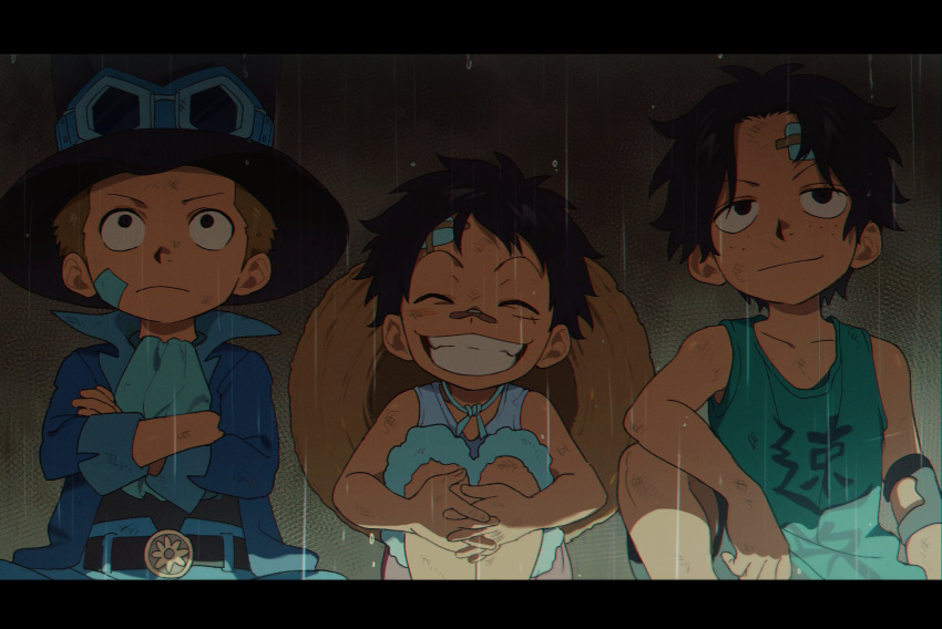 3boys aged_down bandaid bandaid_on_cheek bandaid_on_face bandaid_on_forehead bandaid_on_nose bare_shoulders belt black_hair blonde_hair brothers crossed_arms freckles goggles goggles_on_headwear grin hat highres male_child monkey_d._luffy multiple_boys one_piece portgas_d._ace qin_(7833198) rain sabo_(one_piece) scar scar_on_cheek scar_on_face shirt siblings sitting sleeveless smile straw_hat water_drop