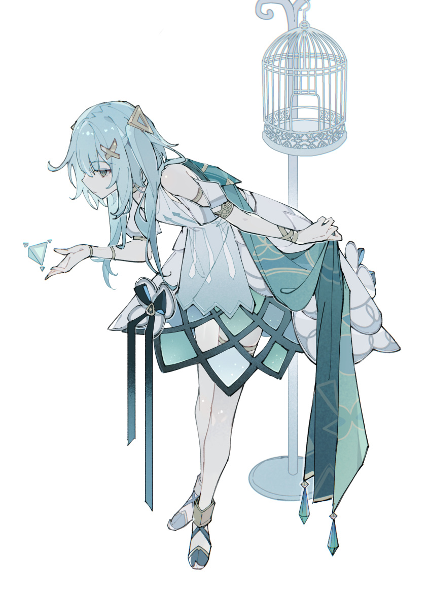 1girl absurdres armlet bangs birdcage blue_dress bracelet cage chinese_commentary closed_mouth commentary_request dress expressionless faruzan_(genshin_impact) full_body genshin_impact green_eyes green_scarf hair_ornament highres jewelry leaning_forward long_hair scarf sleeveless sleeveless_dress solo thighlet triangle-shaped_pupils triangle_hair_ornament twintails white_background x_hair_ornament yue_(shemika98425261)
