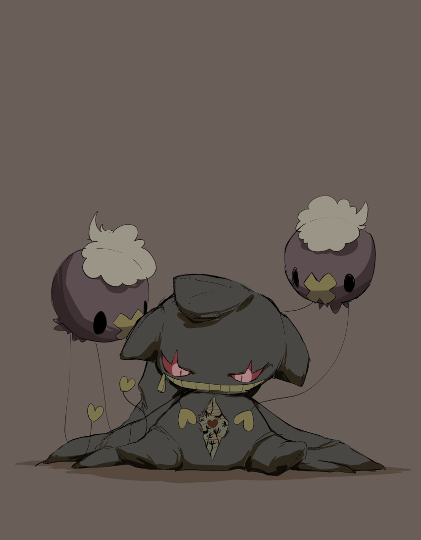 banette black_eyes brown_background colored_sclera drifloon highres looking_down no_humans oimo_kenpi pink_eyes pokemon pokemon_(creature) red_sclera solid_oval_eyes string teeth zipper_pull_tab