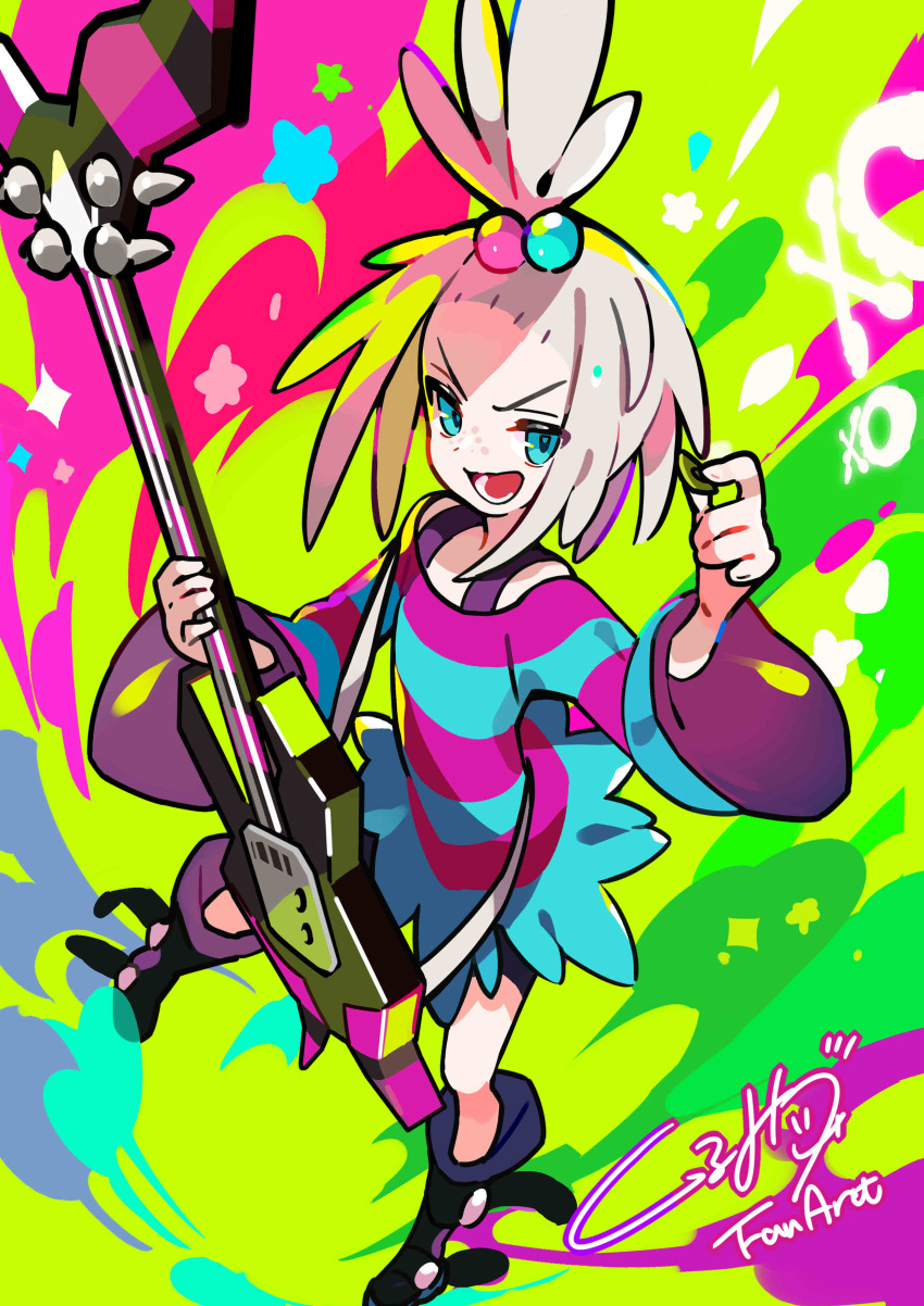 1girl absurdres bass_guitar black_footwear boots commentary_request dress green_eyes hair_bobbles hair_ornament highres holding holding_instrument holding_plectrum instrument kurumitsu legs_apart lower_teeth open_mouth plectrum pokemon pokemon_(game) pokemon_bw2 roxie_(pokemon) signature solo spiky_hair striped striped_dress teeth topknot two-tone_dress white_hair