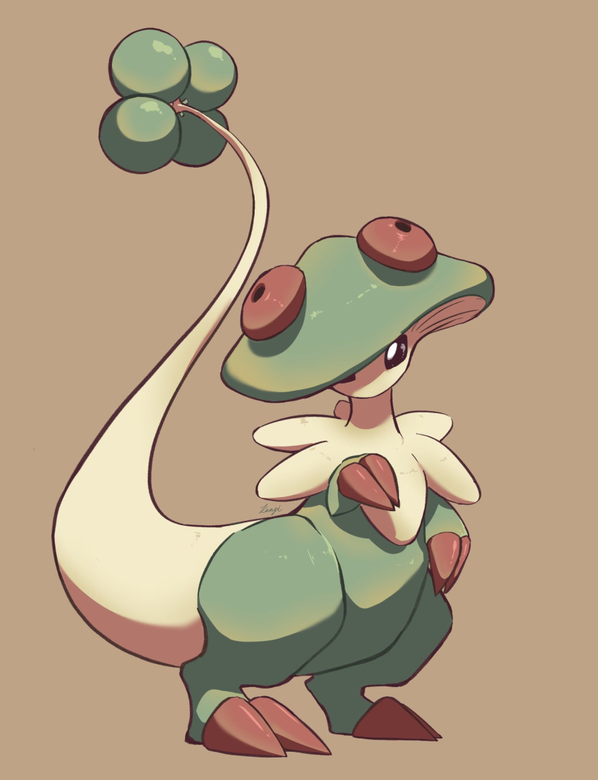 breloom bright_pupils brown_background brown_eyes claws commentary_request full_body highres looking_at_viewer no_humans oimo_kenpi pokemon pokemon_(creature) signature simple_background standing white_pupils