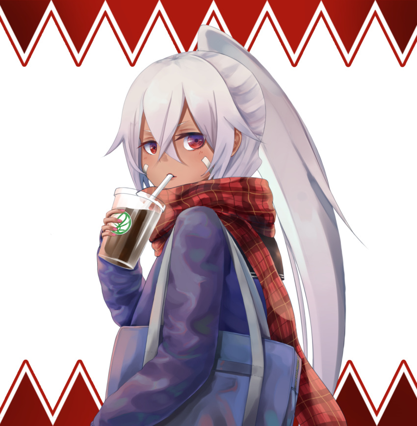 1girl azur_lane bangs blush breasts cardigan coffee coffee_cup commentary crossed_bangs cup dark-skinned_female dark_skin disposable_cup drinking_straw_in_mouth facepaint hair_between_eyes high_ponytail highres holding holding_cup kure_(kure_90) long_hair looking_at_viewer medium_breasts minneapolis_(azur_lane) minneapolis_(wild_huntress_schoolgirl)_(azur_lane) nail_polish official_alternate_costume open_mouth pink_nails plaid plaid_scarf purple_cardigan red_eyes red_scarf ringed_eyes scarf solo upper_body very_long_hair white_background white_hair