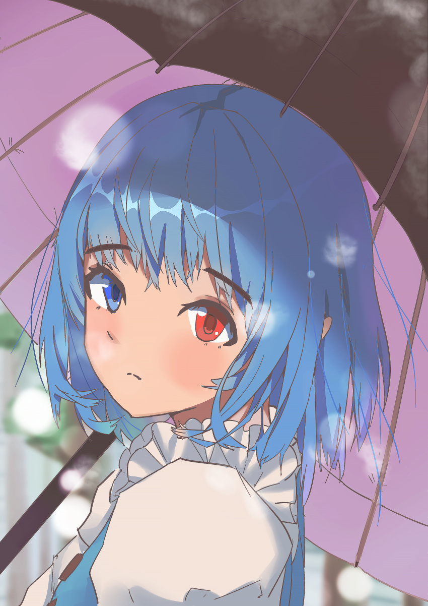 1girl absurdres blue_hair blue_jacket expressionless hesaromi heterochromia highres holding holding_umbrella jacket looking_at_viewer shirt short_hair solo steam tatara_kogasa touhou umbrella white_shirt