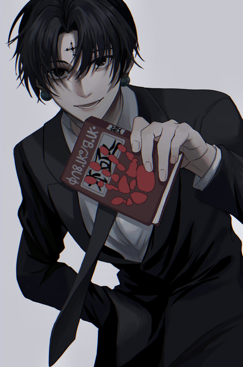 1boy absurdres bangs black_eyes black_hair black_jacket black_necktie black_suit book chrollo_lucilfer collared_shirt commentary cross earrings facial_tattoo forehead_tattoo formal grey_background grey_shirt hand_in_pocket hand_print headband highres holding holding_book hunter_x_hunter inverted_cross jacket jewelry long_sleeves looking_at_viewer lower_teeth male_focus necktie open_mouth parted_bangs shirt short_hair simple_background smile solo suit tattoo teeth white_headband yohane_(yohane007)