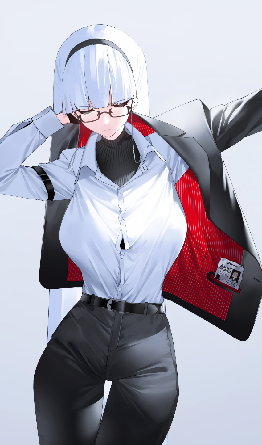 1girl absurdres armband belt breasts closed_eyes dressing formal glasses hairband highres ichibi large_breasts long_hair original simple_background solo suit thigh_gap white_hair wide_hips