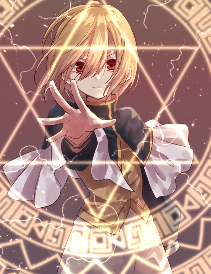 &gt;:( 1boy aged_down black_capelet brown_background brown_hair brown_vest capelet closed_mouth cowboy_shot electricity frilled_capelet frills hair_between_eyes highres jade_curtiss long_sleeves looking_at_viewer magic_circle male_focus nanosuke_(nanonano9) outstretched_arm pants puffy_long_sleeves puffy_sleeves red_eyes short_hair solo tales_of_(series) tales_of_the_abyss v-shaped_eyebrows vest white_pants