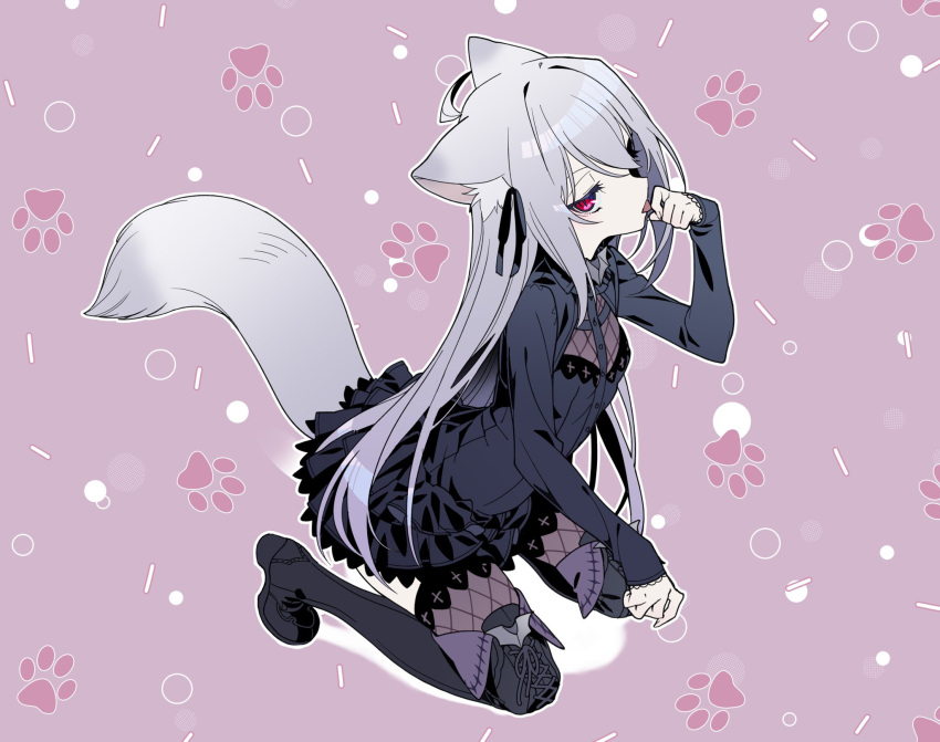 1girl ahoge animal_ear_fluff animal_ears bat_ornament black_dress black_ribbon boots cat_ears cat_girl cat_tail dress fishnet_thighhighs fishnets full_body gothic grey_hair hair_ribbon highres kneeling licking licking_finger long_hair long_sleeves looking_at_viewer mearylis_(yamanasi_mikage) original pale_skin paw_pose paw_print paw_print_background red_eyes ribbon sleeves_past_wrists solo tail thigh-highs thigh_boots thighhighs_under_boots tongue tongue_out very_long_hair yamanasi_mikage