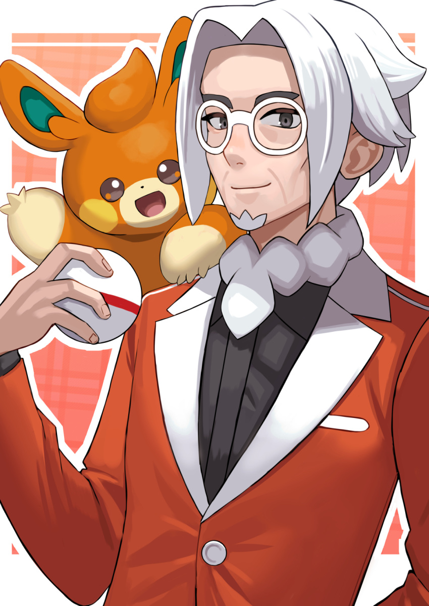 1boy akagi_kurage buttons clavell_(pokemon) closed_mouth commentary_request facial_hair glasses goatee hand_up highres holding holding_poke_ball jacket long_sleeves male_focus on_shoulder orange_jacket pawmi poke_ball pokemon pokemon_(creature) pokemon_(game) pokemon_on_shoulder pokemon_sv premier_ball round_eyewear short_hair smile upper_body white-framed_eyewear white_hair