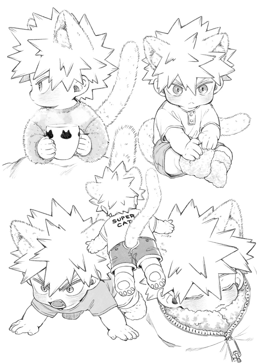 1boy aged_down all_fours animal_ears bakugou_katsuki bangs boku_no_hero_academia cat_boy cat_ears cat_tail coat coffee_mug commentary cup english_text greyscale highres holding holding_cup looking_at_viewer male_child male_focus monochrome mug sato_unta sequential shorts simple_background solo spiky_hair steam symbol-only_commentary tail teeth
