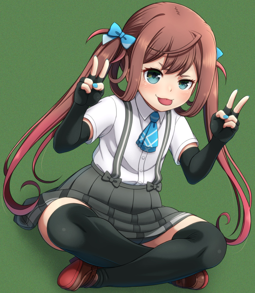 1girl aqua_eyes arm_warmers asagumo_(kancolle) ascot black_thighhighs blue_ascot brown_footwear brown_hair double_v green_background grey_skirt hair_ribbon highres indian_style jougenmushi kantai_collection loafers long_hair miniskirt pleated_skirt ribbon school_uniform shirt shoes sitting skirt solo suspender_skirt suspenders thigh-highs tongue tongue_out twintails v white_shirt