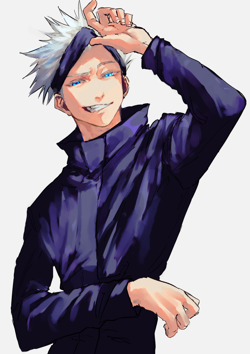 1boy arm_up black_blindfold black_jacket blindfold blindfold_lift blue_eyes gojou_satoru grin high_collar highres jacket jujutsu_kaisen kuwoniagyu11112 long_sleeves looking_at_viewer male_focus short_hair simple_background smile smug solo tsurime white_background white_hair