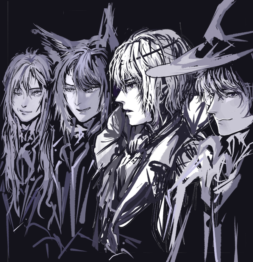 21exa 4boys amon_(lord_of_the_mysteries) angel antigonus_(lord_of_the_mysteries) bangs black_background blood_emperor chinese_commentary coat commentary_request dark fangs hat highres jacket looking_ahead lord_of_the_mysteries monochrome monocle mr._door multiple_boys one_eye_closed parted_lips robe simple_background teeth wizard_hat wolf_boy