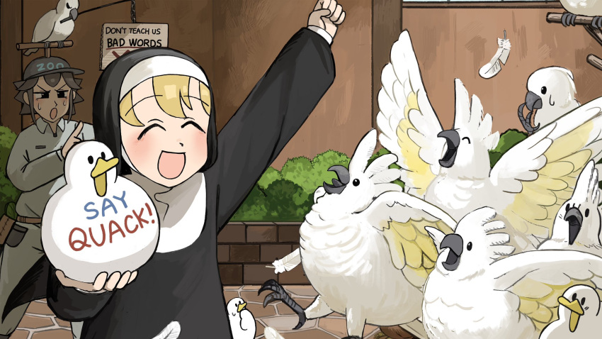 2girls :d ^_^ bird blonde_hair body_writing catholic chicken clenched_hand closed_eyes clumsy_nun_(diva) cockatoo diva_(hyxpk) duck english_commentary feathers grey_hair grey_pants grey_shirt habit highres little_nuns_(diva) multiple_girls nun pants parrot raised_fist shirt sign smile