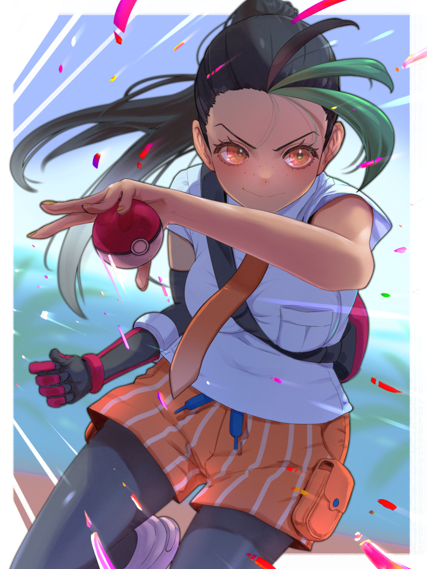 1girl absurdres black_hair black_leggings breast_pocket dark-skinned_female dark_skin fingerless_gloves freckles gloves highres holding holding_poke_ball leggings multicolored_hair naranja_academy_uniform necktie nemona_(pokemon) orange_eyes orange_necktie orange_shorts pocket poke_ball pokemon pokemon_(game) pokemon_sv ponytail short_hair shorts single_fingerless_glove smile solo yoruniyoruyoshi