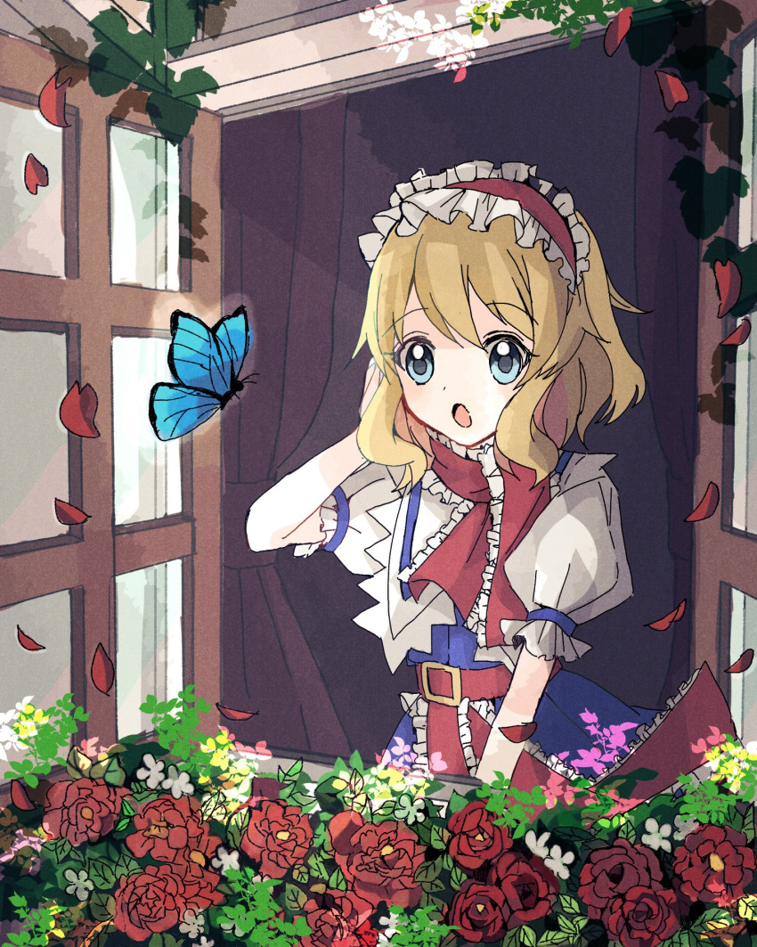 1girl :o alice_margatroid blonde_hair blue_butterfly blue_dress blue_eyes bug butterfly capelet dress flower frilled_hairband frilled_ribbon frilled_sleeves frills hair_between_eyes hairband highres indoors mo_25_mo open_mouth outdoors petals plant puffy_short_sleeves puffy_sleeves red_flower red_hairband red_ribbon red_rose ribbon rose short_hair short_sleeves solo touhou white_capelet window