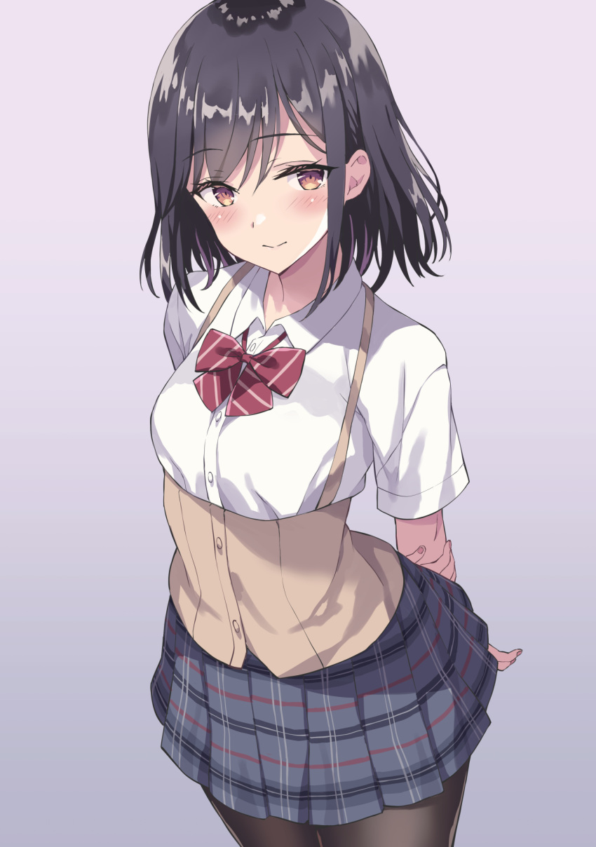 1girl arms_behind_back bangs black_hair black_pantyhose blush breasts brown_eyes character_request copyright_request highres looking_at_viewer neck_ribbon pantyhose plaid plaid_skirt rasahan red_ribbon ribbon shirt short_hair simple_background skirt small_breasts smile solo white_shirt
