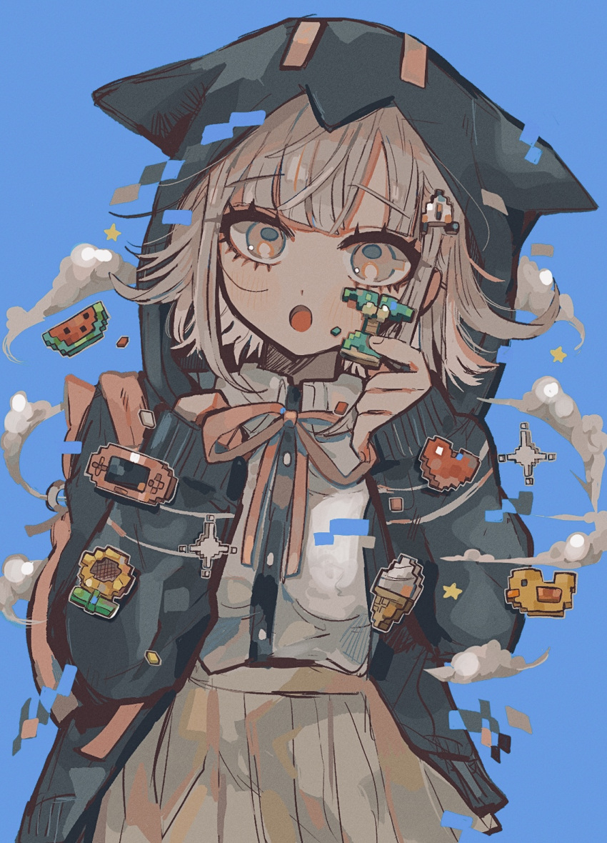 1girl :o animal_ears badge bangs black_jacket black_shirt blue_background blush brown_skirt clouds collared_shirt commentary danganronpa_(series) danganronpa_2:_goodbye_despair galaga hair_ornament hairclip heart highres hood hood_up jacket kara_aren long_sleeves looking_at_viewer nail_polish nanami_chiaki neck_ribbon open_mouth pink_ribbon pleated_skirt ribbon shirt shirt_tucked_in short_hair skirt sleeves_past_wrists solo spaceship_hair_ornament symbol-only_commentary two-tone_shirt upper_body white_shirt