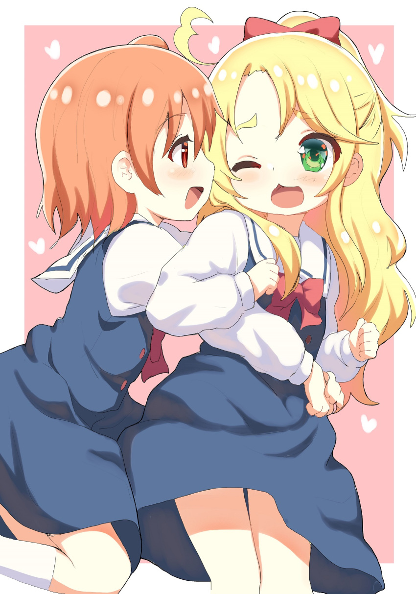 2girls blonde_hair bow green_eyes hair_bow heart highres himesaka_noa hoshino_hinata houshasei_gokiburi multiple_girls one_eye_closed open_mouth red_eyes redhead school_uniform socks thesdroz watashi_ni_tenshi_ga_maiorita!