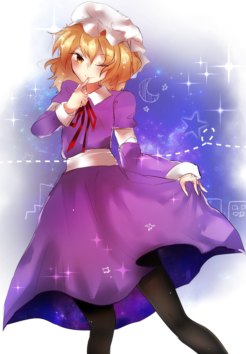 1girl ;) absurdres black_pantyhose blonde_hair blush closed_mouth commentary_request crescent_moon dress finger_to_mouth hair_between_eyes hat highres index_finger_raised long_sleeves looking_at_viewer maribel_hearn mob_cap moon moyashi_(oekaki_touhou) one_eye_closed pantyhose puffy_long_sleeves puffy_sleeves purple_dress red_ribbon ribbon short_hair sky smile solo space star_(sky) star_(symbol) starry_sky touhou white_background white_headwear yellow_eyes