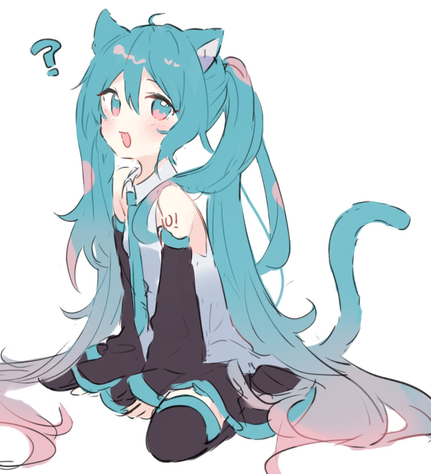 1girl :d ? ahoge animal_ears between_legs black_skirt black_thighhighs blue_eyes blue_hair blue_necktie blush cat_ears cat_girl cat_tail detached_sleeves hair_between_eyes hair_ornament hair_strand hand_between_legs hatsune_miku highres long_hair long_sleeves looking_at_viewer necktie o_(jshn3457) pleated_skirt shirt sidelocks simple_background sitting skirt sleeveless sleeveless_shirt smile solo tail thigh-highs twintails vocaloid wariza