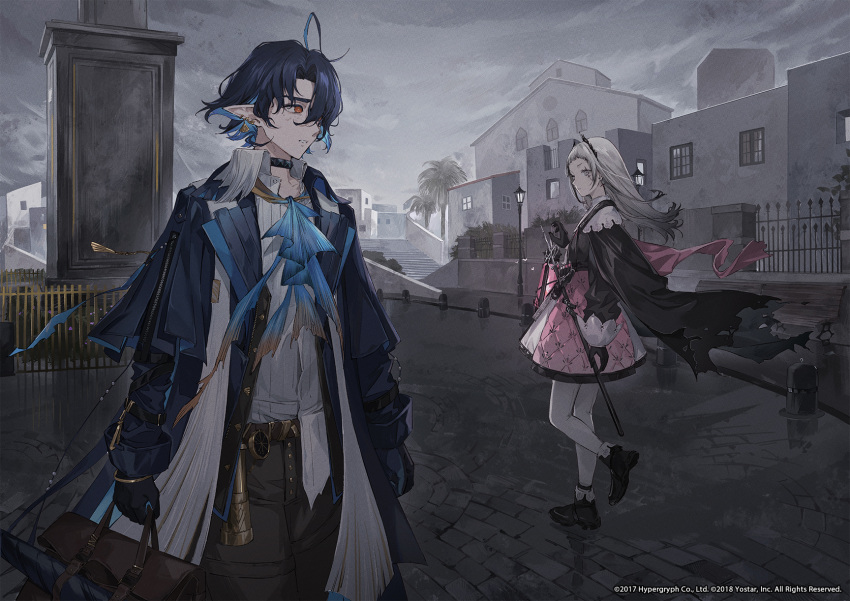 1boy 1girl arknights ascot bag bird_girl blue_hair cityscape gloves grey_hair grey_sky highres holding holding_bag irene_(arknights) long_hair lumen_(arknights) official_art pointy_ears saber_(weapon) scabbard sheath shoes sword weapon