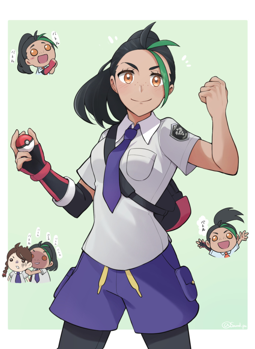 2girls black_hair black_pantyhose blush breast_pocket brown_eyes chibi chibi_inset closed_mouth collared_shirt commentary_request eyelashes freckles gloves green_hair highres holding holding_poke_ball juliana_(pokemon) long_hair looking_at_viewer multicolored_hair multiple_girls necktie nemona_(pokemon) notice_lines pantyhose pocket poke_ball poke_ball_(basic) pokemon pokemon_(game) pokemon_sv ponytail purple_necktie purple_shorts shirt short_sleeves shorts single_glove smile two-tone_hair yu062424
