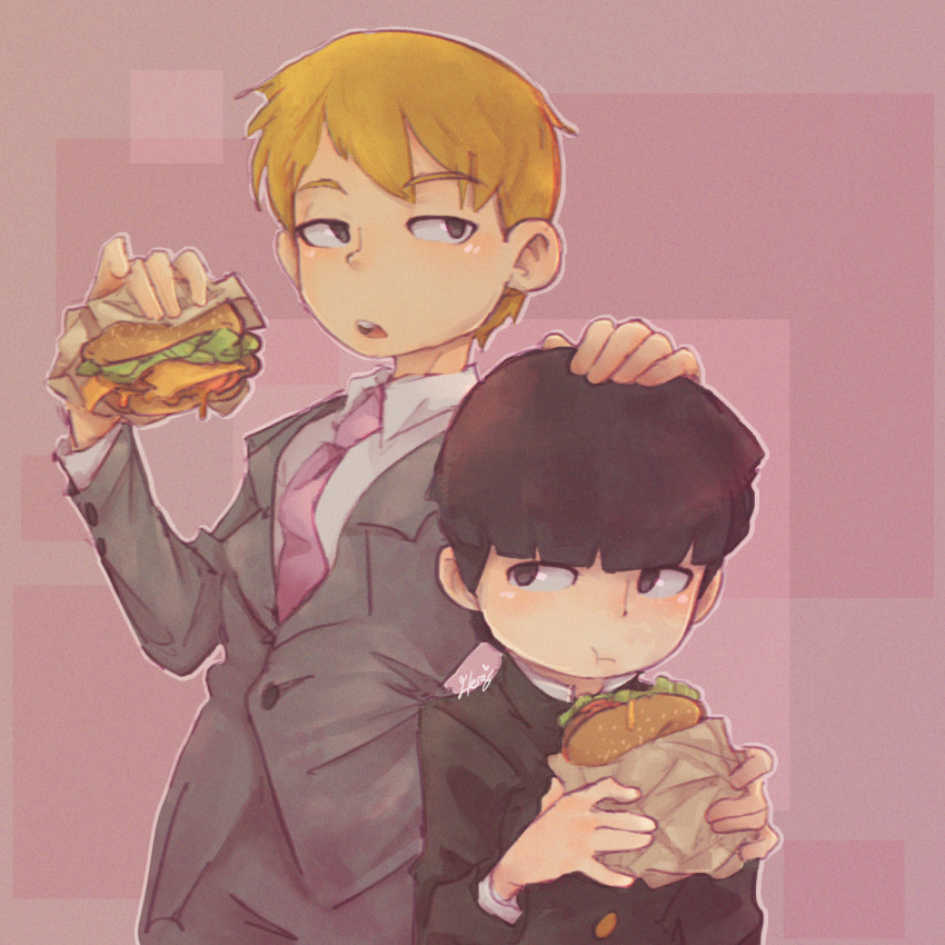 2boys black_hair burger buttons eating food formal hand_on_another's_head hera_souflee highres holding holding_food kageyama_shigeo long_sleeves male_focus mob_psycho_100 multiple_boys necktie open_mouth orange_hair reigen_arataka suit