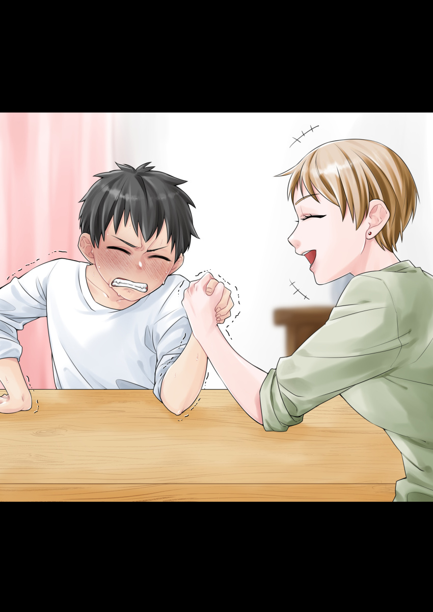 1boy 1girl absurdres and_opi arm_wrestling black_hair blonde_hair blush clenched_teeth closed_eyes green_shirt highres mother_and_son open_mouth original paid_reward_available shirt short_hair table teeth upper_teeth white_shirt