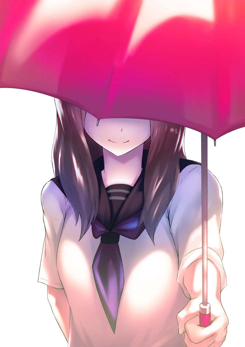 1girl absurdres arm_behind_back breasts brown_hair covered_eyes fukidashi_cotton highres holding holding_umbrella medium_breasts original school_uniform serafuku solo umbrella upper_body