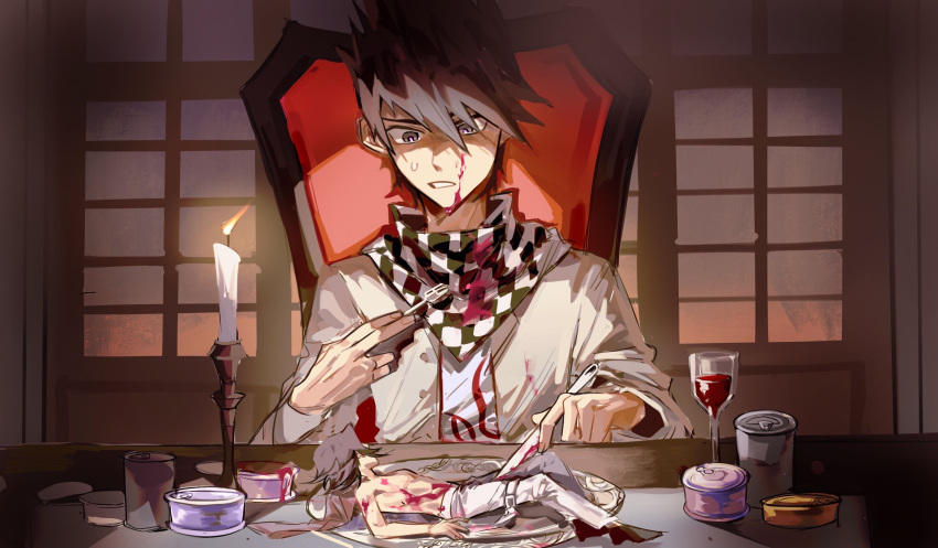 2boys alcohol bangs blood borrowed_garments can candle candlelight chair checkered_clothes checkered_scarf cup danganronpa_(series) danganronpa_v3:_killing_harmony drinking_glass facial_hair fire flame fork goatee grey_shirt hair_between_eyes highres holding holding_fork holding_knife indoors injury knife kurohaneame long_sleeves looking_at_another lying male_focus miniboy momota_kaito multiple_boys necktie on_back ouma_kokichi pink_blood plate print_necktie scarf shirt shoes sitting spiky_hair sweatdrop teeth topless_male wine wine_glass