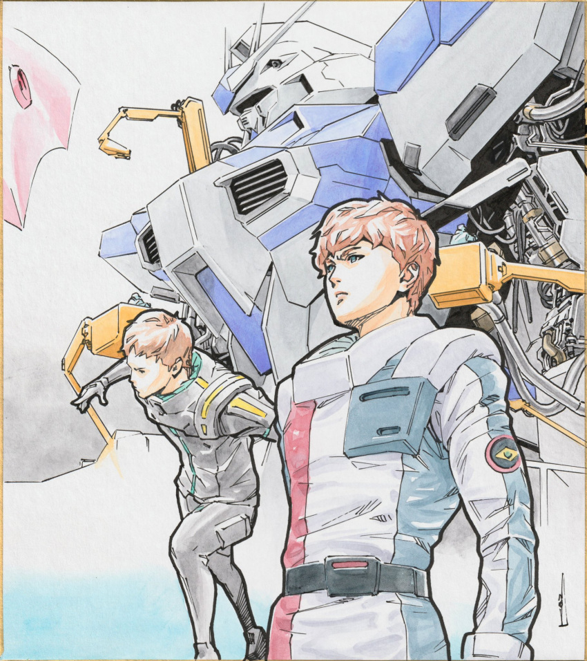 2boys 2others amuro_ray belt black_belt black_gloves blue_eyes cable char's_counterattack char's_counterattack_-_beltorchika's_children gloves gundam gundam_hathaway's_flash hair_behind_ear hathaway_noa hi-nu_gundam highres male_focus mecha mobile_suit multiple_boys multiple_others open_hand robot running science_fiction shikishi signature toweling3 traditional_media upper_body v-fin