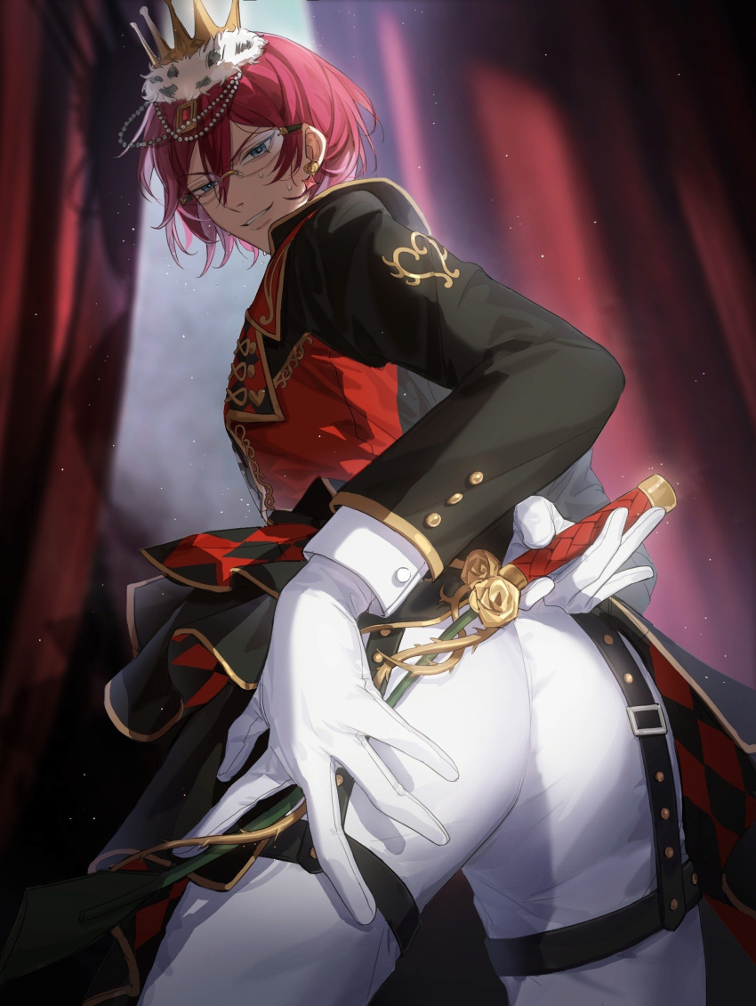 1boy :d absurdres aria_yin ass ass_focus back bangs black_coat blue_eyes coat crown ensemble_stars! glasses gloves grin highres holding long_sleeves looking_at_viewer looking_back military military_uniform pants parted_lips purple_hair red_curtains saegusa_ibara short_hair smile solo teeth twisted_torso uniform v-shaped_eyebrows white_gloves white_pants