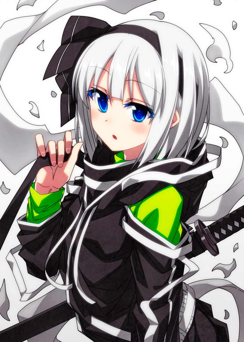 1girl alternate_costume black_hairband black_jacket black_ribbon blue_eyes blush hair_ribbon hairband highres hitodama jacket katana konpaku_youmu konpaku_youmu_(ghost) long_sleeves open_mouth ribbon sazanami_mio sheath sheathed short_hair solo sword touhou upper_body weapon white_hair