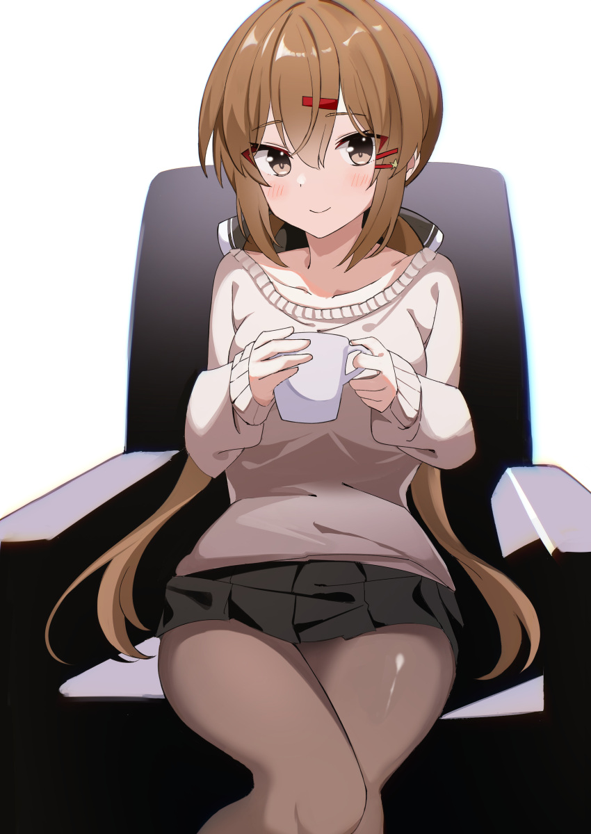 1girl absurdres alternate_costume black_bow bow breasts brown_eyes brown_hair brown_pantyhose chair cup fathom hair_bow hair_ornament hairclip highres kantai_collection long_hair long_sleeves looking_at_viewer low_twintails medium_breasts mug pantyhose ribbed_sweater sitting skirt solo star_(symbol) sweater tashkent_(kancolle) twintails white_sweater