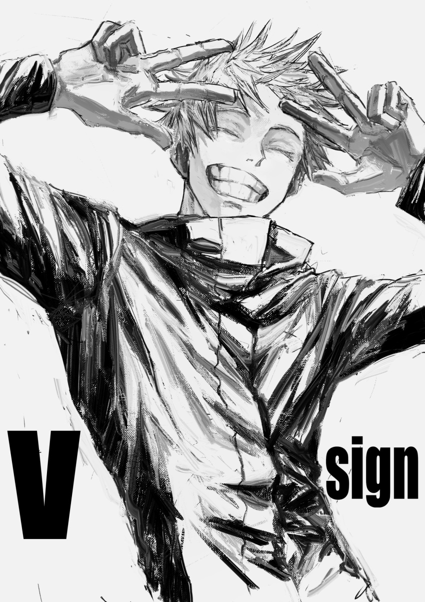 1boy ^_^ absurdres arms_up closed_eyes double_v english_text facing_viewer gojou_satoru grin high_collar highres jacket jujutsu_kaisen kuwoniagyu11112 male_focus short_hair simple_background smile solo teeth upper_body v