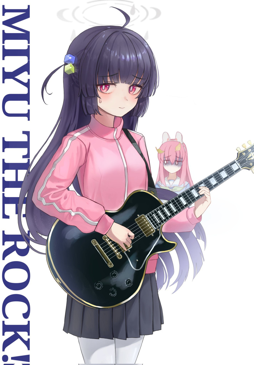 2girls black_hair blue_archive bocchi_the_rock! breasts cosplay costume_switch gloom_(expression) gotou_hitori guitar halo highres hwangjinten instrument jacket looking_at_viewer medium_breasts miyu_(blue_archive) multiple_girls pantyhose pink_hair red_eyes school_uniform simple_background smile track_jacket white_background