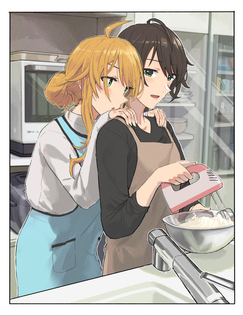 absurdres ahoge apron baking black_hair blush bowl character_request cream epitaph_(1122) faucet green_eyes hair_bun hands_on_another's_shoulders highres hoshii_miki idolmaster idolmaster_(classic) long_hair long_sleeves mixer_(cooking) short_hair sink smile