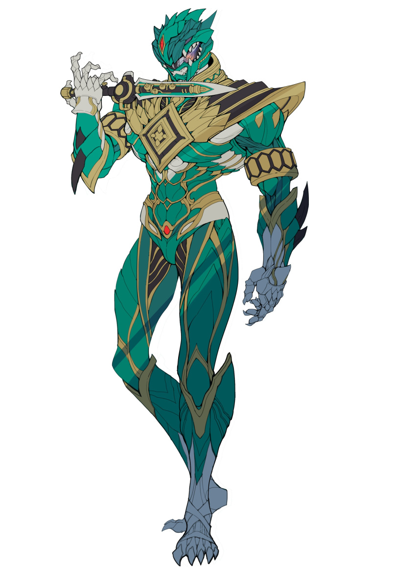 1boy absurdres animal_helmet armband armor bad_id bad_twitter_id bodysuit catball1994 clawed_boots clawed_gauntlets dagger dragon_ranger full_body green_bodysuit green_ranger helmet highres holding holding_dagger holding_weapon jason_david_frank knife kyouryuu_sentai_zyuranger mighty_morphin_power_rangers power_rangers real_life reverse_grip shoulder_armor solo super_sentai tokusatsu weapon white_background