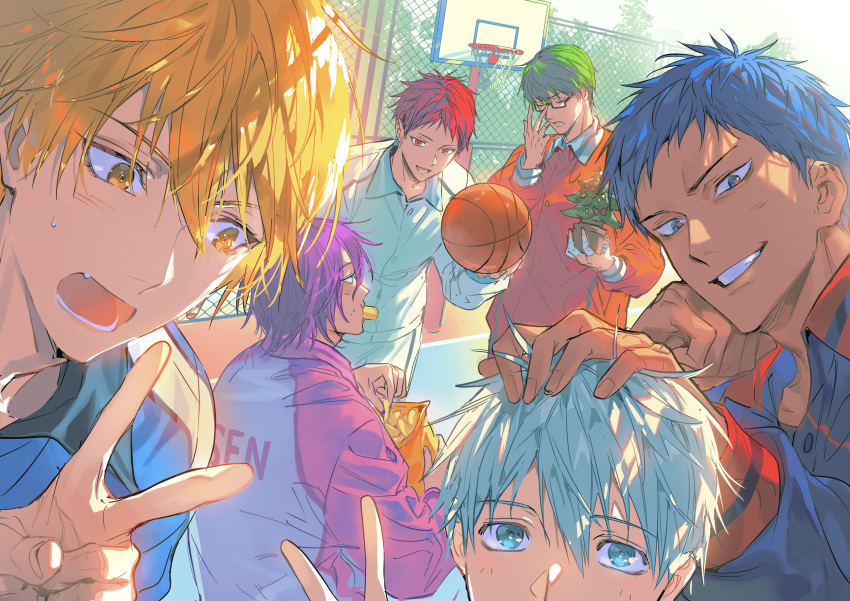 6+boys absurdres adjusting_eyewear akashi_seijuurou aomine_daiki bag ball bangs basketball basketball_hoop bikkusama blonde_hair blue_eyes blue_hair blue_jacket chips_(food) closed_eyes dark-skinned_male dark_skin day fang food food_in_mouth glasses green_hair grin hair_between_eyes hand_on_another's_head hand_up highres holding holding_bag holding_ball jacket kagami_taiga kise_ryouta kuroko_no_basuke kuroko_tetsuya looking_at_viewer midorima_shintarou multiple_boys murasakibara_atsushi open_mouth orange_jacket outdoors potato_chips purple_hair purple_jacket red_eyes redhead short_hair smile tsurime v yellow_eyes