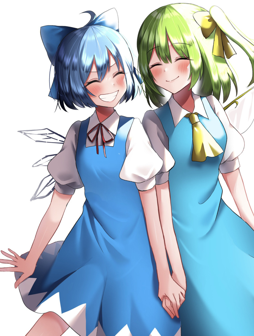 2girls 380u0 :d absurdres ahoge ascot blue_bow blue_dress blue_hair bow cirno closed_eyes closed_mouth collared_shirt daiyousei dress green_hair grin hair_bow highres holding_hands multiple_girls pinafore_dress puffy_short_sleeves puffy_sleeves shirt short_hair short_sleeves side_ponytail simple_background smile touhou white_background white_shirt yellow_ascot