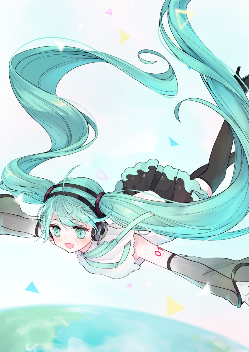 1girl :d absurdres bangs blue_eyes blue_hair blush boots detached_sleeves earth_(planet) falling floating_hair hair_ornament hatsune_miku hatsune_miku_(nt) headphones high_heel_boots high_heels highres long_hair long_sleeves nagitofuu neck_ribbon open_mouth outstretched_arms planet pleated_skirt ribbon see-through see-through_sleeves shirt skirt sleeveless sleeveless_shirt smile solo thigh_boots twintails very_long_hair vocaloid
