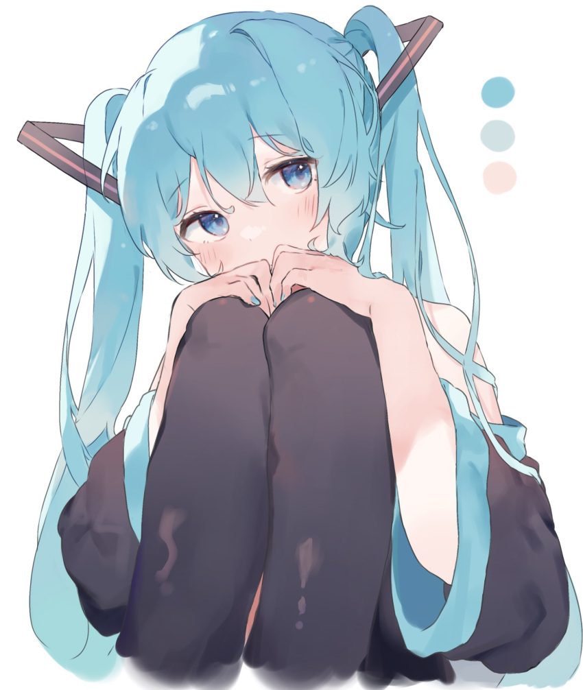 1girl black_thighhighs blue_eyes blue_hair blue_nails blush detached_sleeves hair_between_eyes hair_ornament hair_strand hands_on_own_knees hatsune_miku highres knees_up legs_up long_hair looking_at_viewer nail_polish o_(jshn3457) shirt sidelocks simple_background sleeveless sleeveless_shirt solo thigh-highs twintails vocaloid white_background