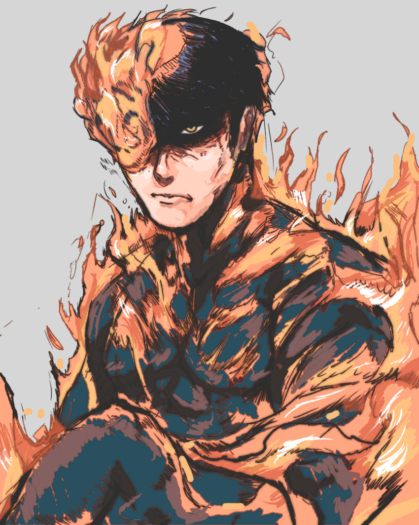 1boy absurdres agni_(fire_punch) black_hair burn_scar burning burnt fire fire_punch flaming_eye grey_background highres looking_at_viewer nosebleed404 scar short_hair simple_background solo yellow_eyes