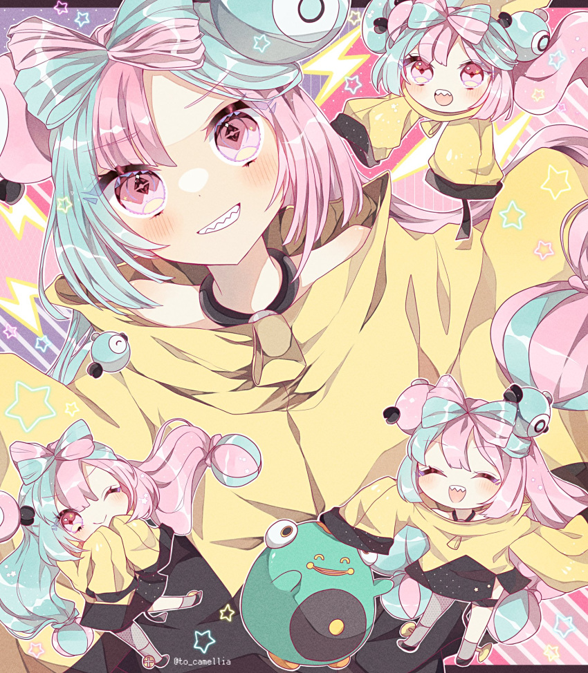 bow-shaped_hair character_hair_ornament chibi hair_ornament hexagon_print highres iono_(pokemon) jacket long_hair low-tied_long_hair multicolored_hair oversized_clothes pokemon pokemon_(game) pokemon_sv sharp_teeth single_leg_pantyhose sleeves_past_fingers sleeves_past_wrists split-color_hair teeth to_camellia twintails very_long_sleeves yellow_jacket