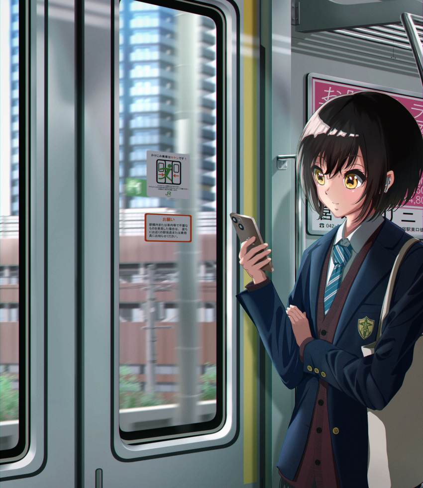 1girl absurdres bag bangs black_hair blazer blue_jacket blue_necktie cardigan cellphone closed_mouth collared_shirt diagonal-striped_necktie ground_vehicle highres holding holding_phone jacket long_sleeves necktie open_clothes open_jacket original phone red_cardigan shirt short_hair sign smartphone smile solo standing tbear train train_interior upper_body vehicle_interior warning_sign white_shirt yellow_eyes