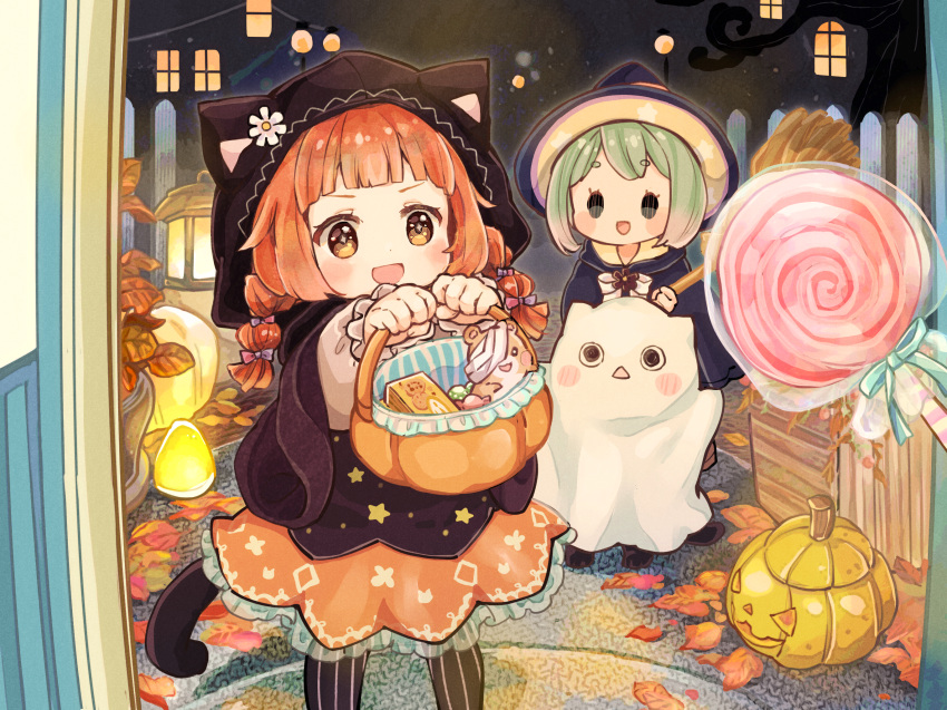 2girls :d animal_costume animal_ears animal_hood autumn_leaves bangs black_eyes blunt_bangs blush broom candy candy_wrapper cat cat_costume cat_hood cat_tail cloak fake_animal_ears fake_tail flower food frilled_skirt frills ghost_costume glowing green_eyes hacosumi halloween halloween_bucket halloween_costume hat highres holding holding_broom hood jack-o'-lantern lantern lollipop long_sleeves multiple_girls night open_mouth orange_eyes orange_hair original pantyhose pov_doorway pumpkin skirt smile striped striped_pantyhose tail v-shaped_eyebrows vertical-striped_pantyhose vertical_stripes witch witch_hat