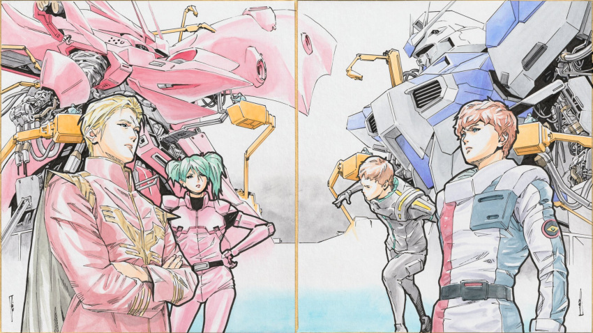 1girl 3boys 4others amuro_ray belt black_belt black_cape black_gloves blonde_hair blue_eyes blue_hair cable cape char's_counterattack char's_counterattack_-_beltorchika's_children char_aznable crossed_arms frown gloves gundam gundam_hathaway's_flash hair_behind_ear hand_on_hip hathaway_noa hi-nu_gundam highres jacket machinery mecha mobile_suit multiple_boys multiple_others nightingale_(gundam) open_hand pilot_suit quess_paraya red_jacket robot running science_fiction shikishi signature thrusters toweling3 traditional_media twintails uneven_twintails upper_body v-fin